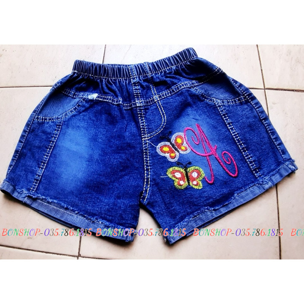 Quần đùi jean bé gái thêu hình ngộ nghĩnh size 15-25kg