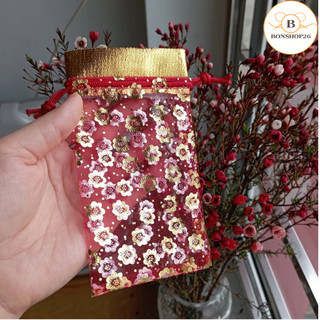 Set 100 túi muối lộc đỏ và 100 túi bóng zip, túi rút, vỏ túi thơm, túi vải dây rút