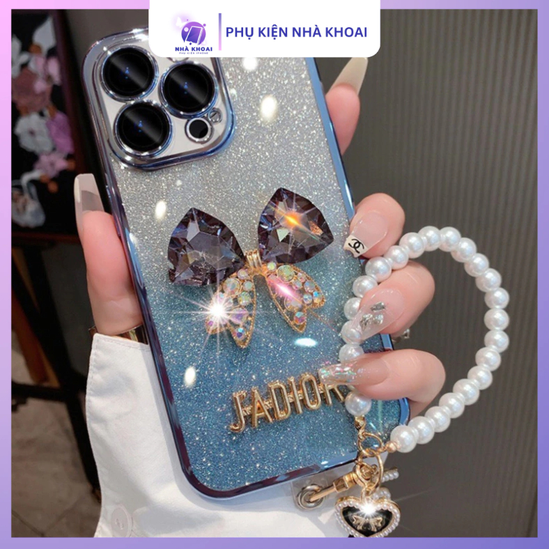 Ốp Điện Thoại Thời Trang Màu Xanh Đính Nơ Đá Có Kính Bảo Vệ Camera Sau Cho lphone 11 - 15 (KHÔNG KÈM