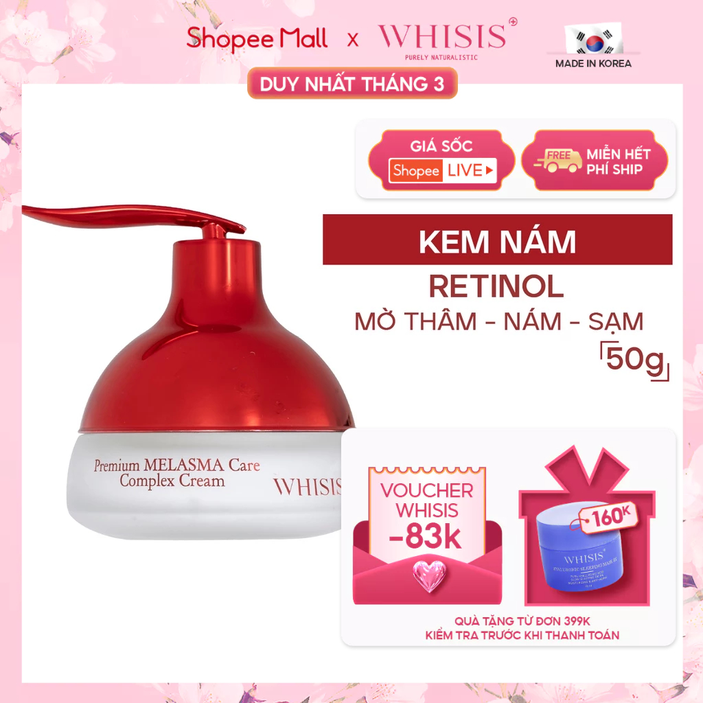 [WHISIS Cao Cấp] Kem Phức Hợp Dưỡng Trắng Da Mờ Thâm Nám Tàn Nhang WHISIS Premium MELASMA Care Complex Cream 50g