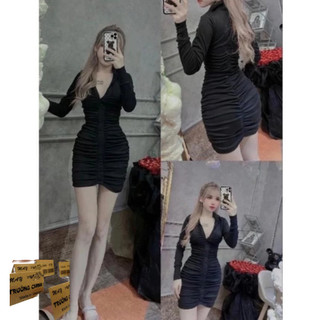 Váy đầm nữ ôm sát body cổ V tay dài dáng ngắn mix dây phối chất co giãn phong cách Hàn Quốc