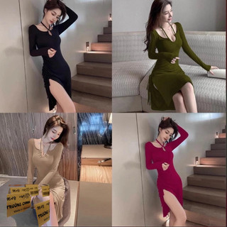 Váy đầm body nữ thiết kế  , đầm ôm dáng xẻ tà 2 dây buộc thu đông dài tay