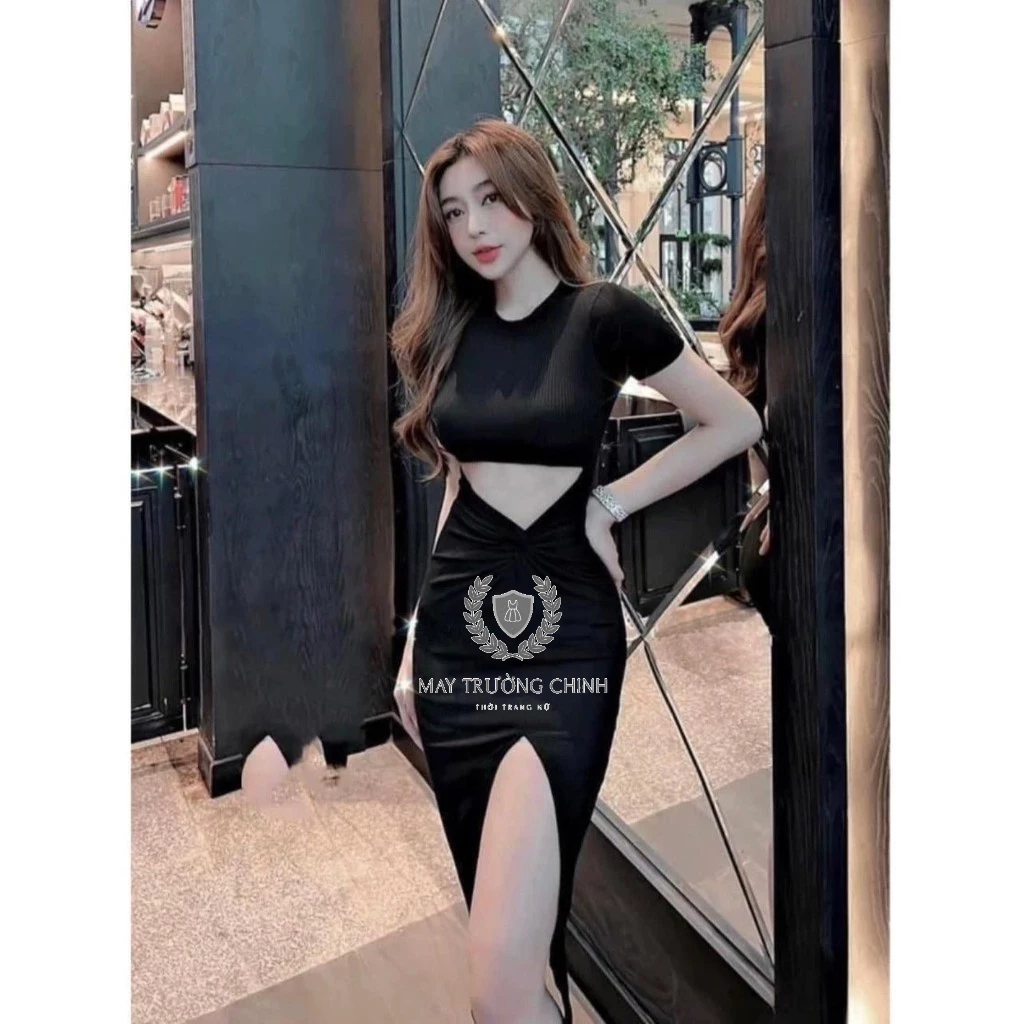 Đầm body tay ngắn hở eo xoắn bên xẻ tà cực sexy , chất thun gân mềm mịn cực xinh
