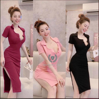 D200 Đầm cổ bẻ cài nút ôm body trơn xẻ tà tay ngắn cực xinh , chất thun gân mềm mịn