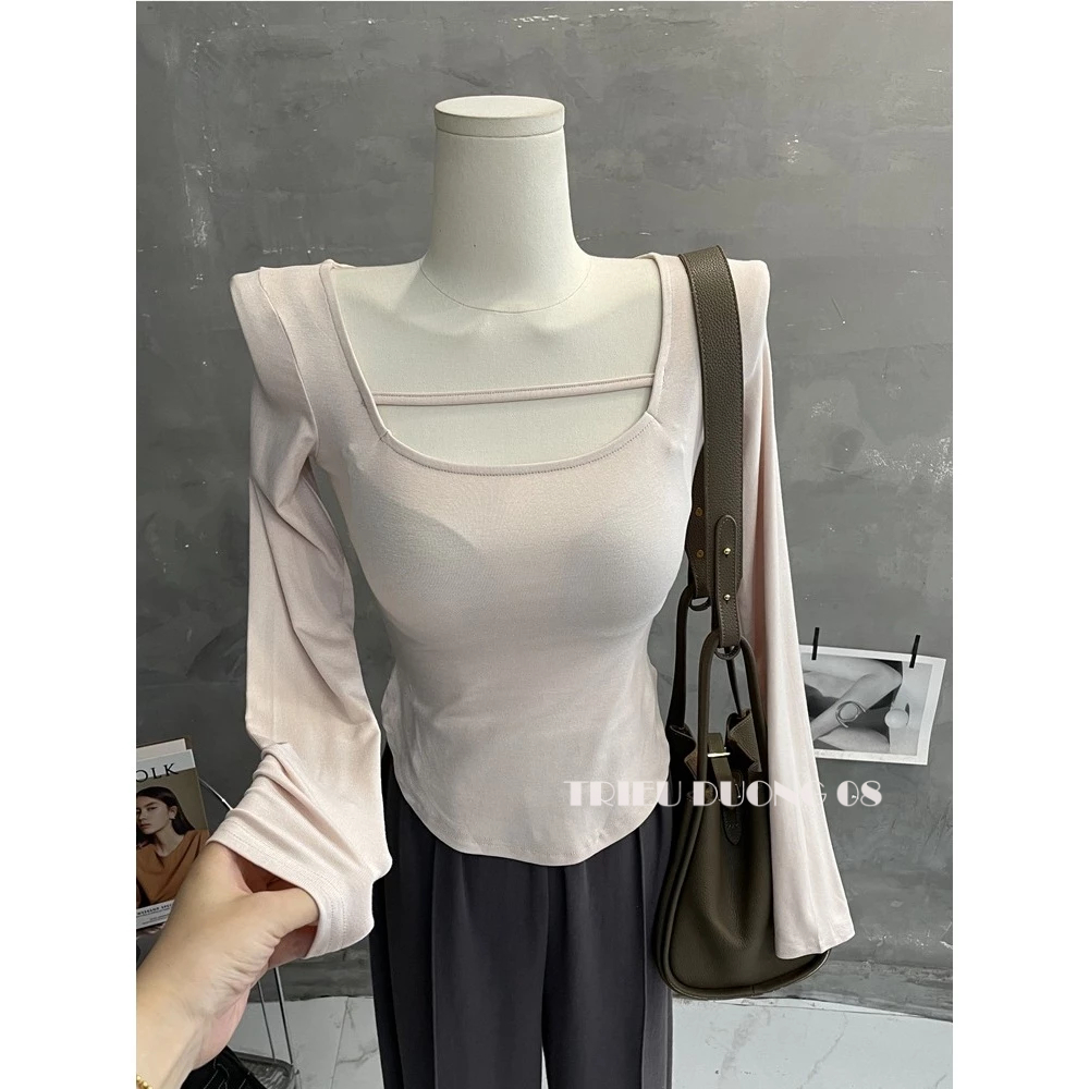 Áo thun nữ cổ vuông dài tay form ôm body, 5 màu xanh hồng đen trắng da, free size dưới 55kg - 2347 -trieuduong08