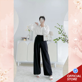 Áo sơmi trắng freesize tay phồng & quần tây đen ống rộng bem studio