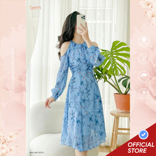 Đầm hoa nhí xanh dương cổ nhún khoét vai nữ tính bem studio