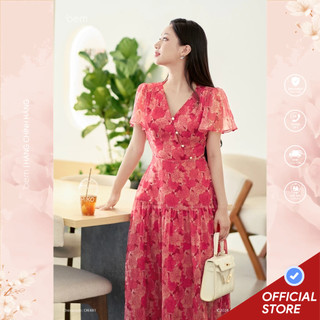 Đầm hoa đỏ dáng maxi tùng xòe thướt tha bem design