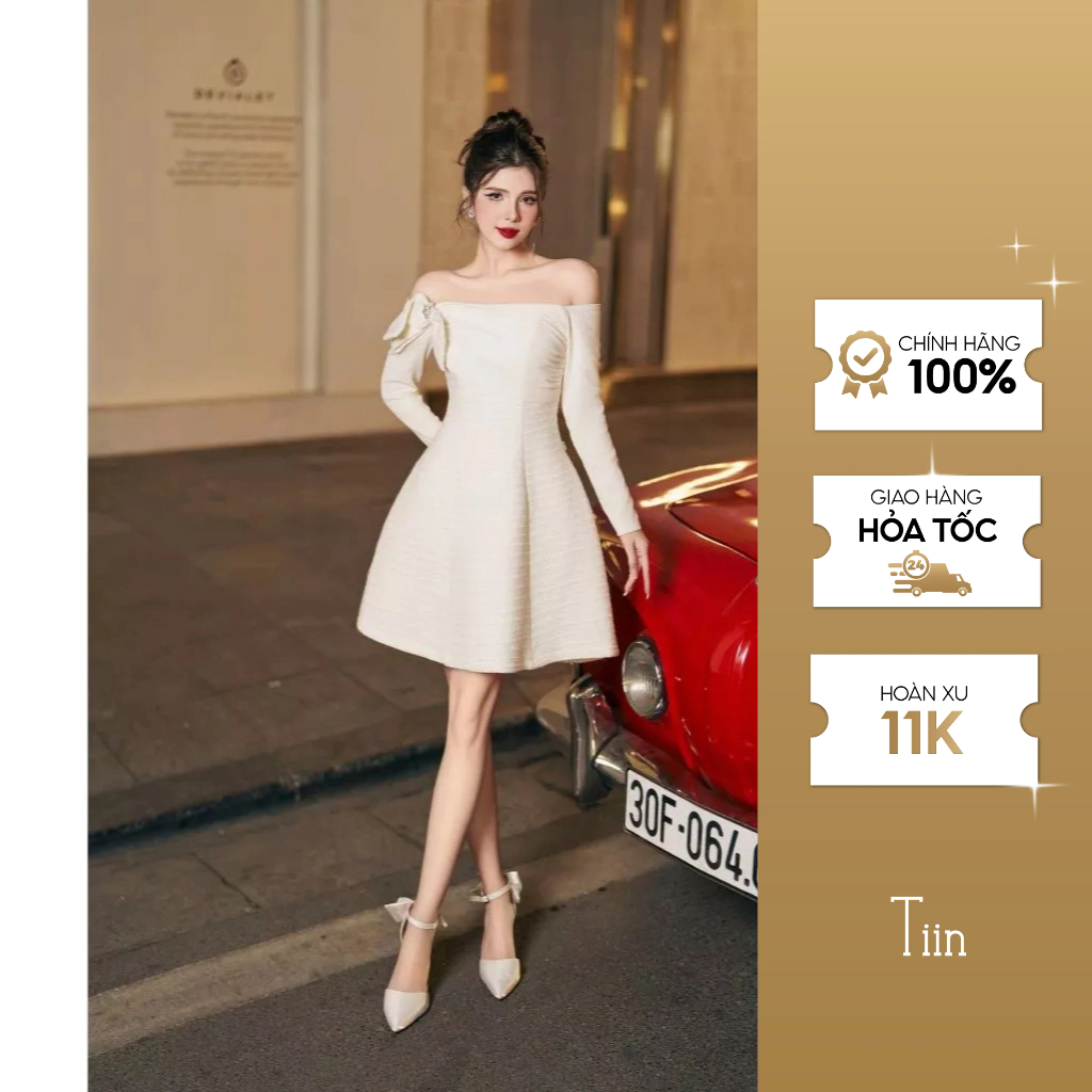 Váy dạ tweed nơ vai phối len tăm màu kem TIINSTORE VDD984