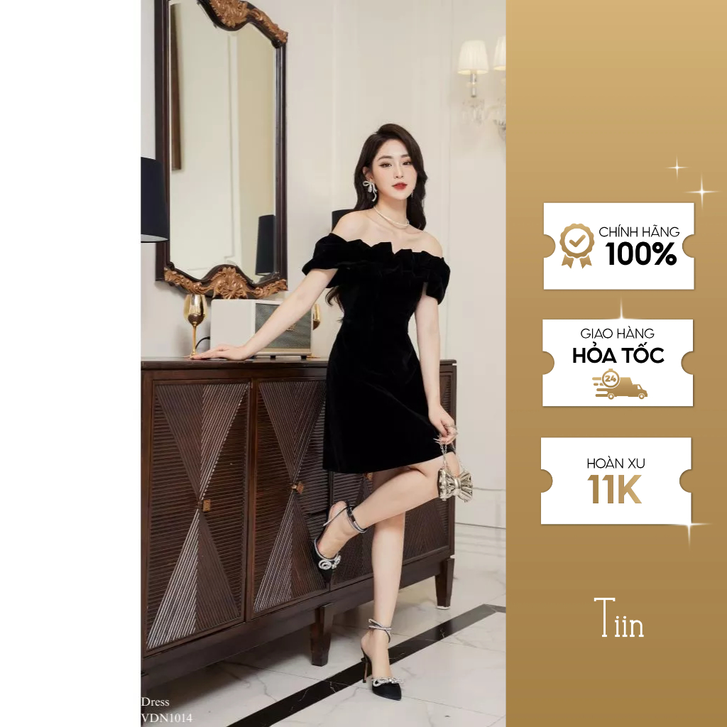 Váy trễ vai bèo xếp dáng A hai màu TIINSTORE VDN1014