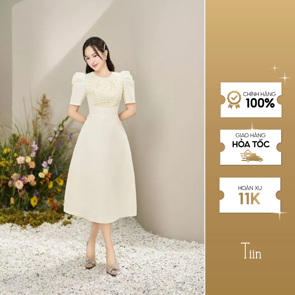 Váy tay xếp đáp ngực phối lưới màu kem TIINSTORE VHN1035