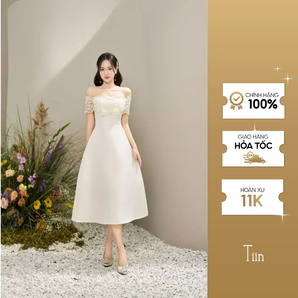 Váy trễ vai phối ren đính nơ màu kem TIINSTORE VHN1022
