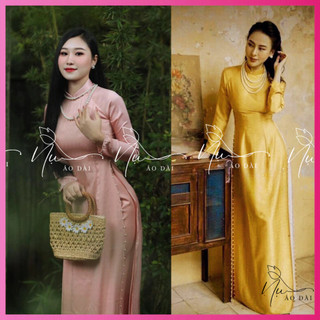 Áo dài truyền thống nữ, chất lụa vân gỗ cao cấp màu vàng sang trong phù hợp lễ tết, quà tặng