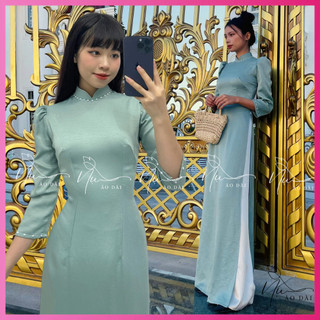 Áo dài truyền thống màu xanh mint ,kiểu dáng tay bồng trẻ trung, năng động hàng may đẹp