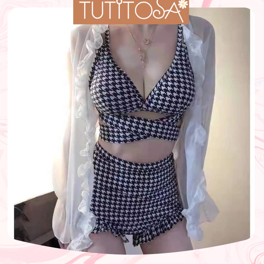 Set bikini, đồ bơi đi biển áo thắt chéo cột dây lưng quần dán bèo hoạt tiết caro siêu sexy