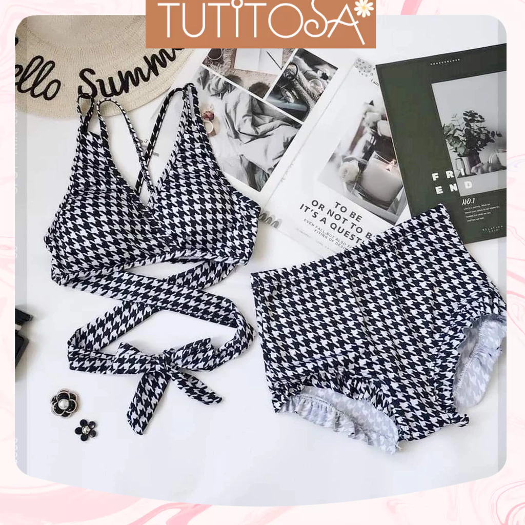 Set bikini, đồ bơi đi biển áo thắt chéo cột dây lưng quần dán bèo hoạt tiết caro siêu sexy