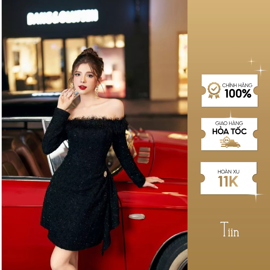 Váy trễ vai phối lông vũ tà lệch đính khuy TIINSTORE VDD1009