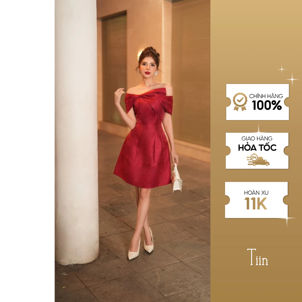 Váy dự tiệc màu kem dáng ngắn trễ vai kiểu tạo nơ Tiin Store VHN924