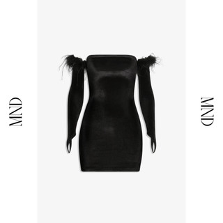 MACHNHADUONG - Đầm ống nhung body nữ tay rời phối lông đà điểu - EMILY MINIDRESS