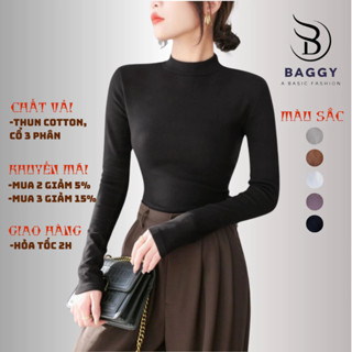 Áo thun nữ tay dài cổ cao 3 phân lót lông nỉ áo phông vải cotton dáng trơn màu trắng đen BG281