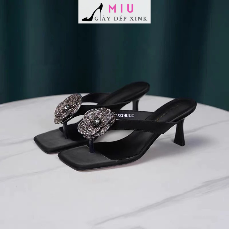 Dép cao gót xỏ ngón đính hoa sang chảnh êm ái, 3 màu dễ phối đồ gót vừa phải dễ đi - miugiaydepxink