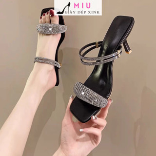 Sandal quai đá bản to lấp lánh siêu xinh gót nhọn 6cm , đi êm ái thon chân, sang chảnh, lấp lánh cao cấp - Miu Giày Dép