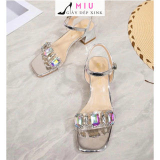 Guốc cao gót quai đá kém nhựa meka 7 màu gót vuông 4cm sandal màu bạc và vàng bóng lấp lánh, sáng da tôn chân