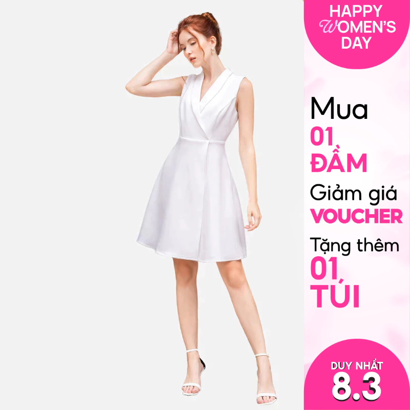 Đầm mini nữ cổ vest CQA sát nách dáng xòe đắp tà chất Scuba Crepe dày đứng form đầm công sở, đầm dự tiệc CQA0078