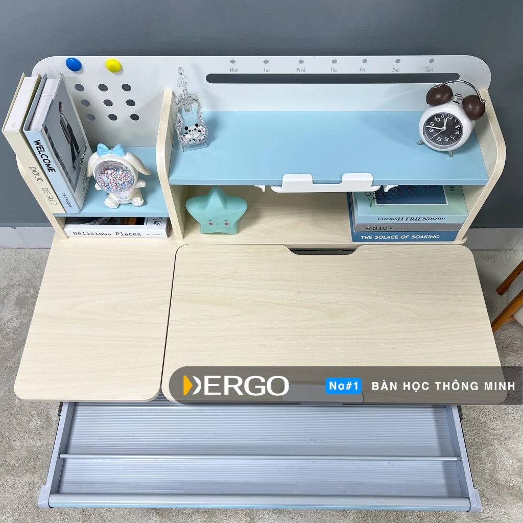Bộ Bàn Học Chống Gù DERGO LEO X1000 - C5D Cao Cấp Bàn Học Cỡ Lớn Nâng Hạ Tay Quay Có Giá Sách