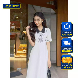 Đầm Lamia Design LD243 vải Kevinlli thêu hoa tay cộc dáng midi trẻ trung