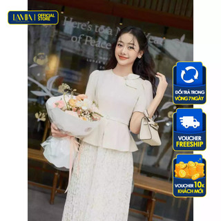 Đầm Lamia Design LD247 vải chéo vitex x ren hoa bản cổ đính nơ sang trọng