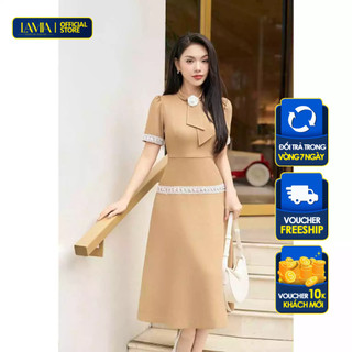 Đầm Lamia Design LD242 vải text, bản cổ đính nơ sang trọng