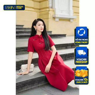Đầm Lamia Design LD238 vải text sang trọng, bản cổ đính nơ kết hợp với form dáng chiết eo lớn cầu kì