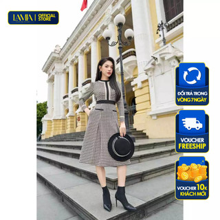 Đầm Lamia Design LD239 may kẻ viền chữ T cùng chi tiết houndstooth phong cách Parisian sang trọng
