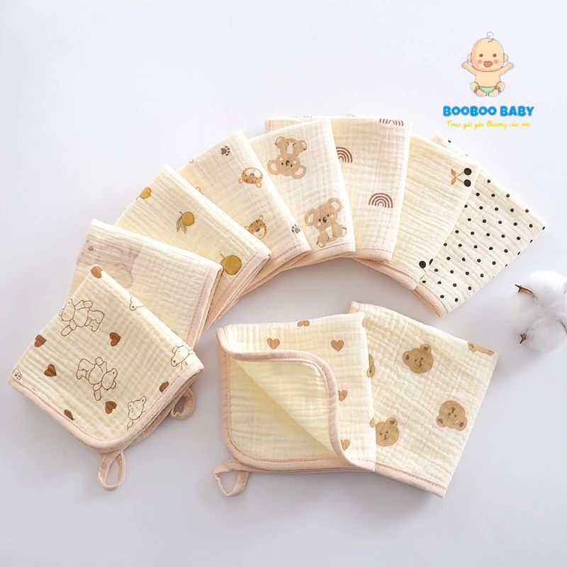 MS01.BOOBOO BABY - Sét 5 khăn 4 lớp MUSLIN bo viền có móc treo, khăn lau đa năng cho bé