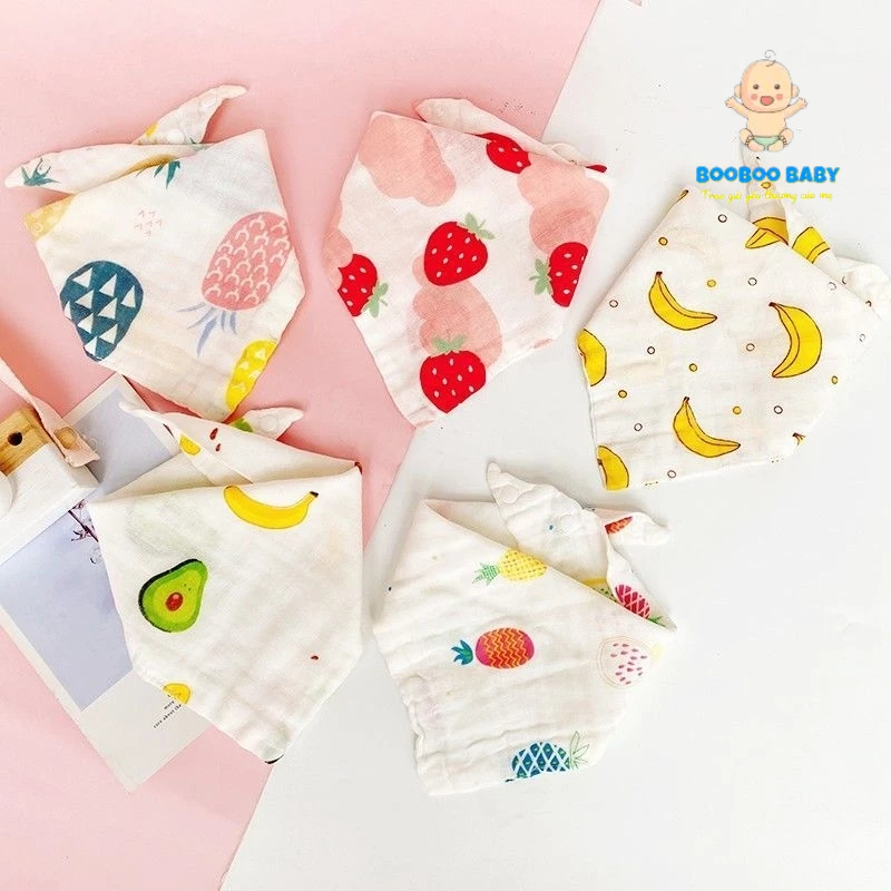 (Lẻ 1 chiếc) Boo Boo Baby - yếm xô nhăn, yếm tam giác có cúc bấm Organic cotton 6 lớp cho bé hàng dày dặn, siêu thấm hút