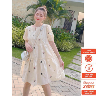Váy bầu babydoll hoạ tiết hoa in dài qua gối Freesize