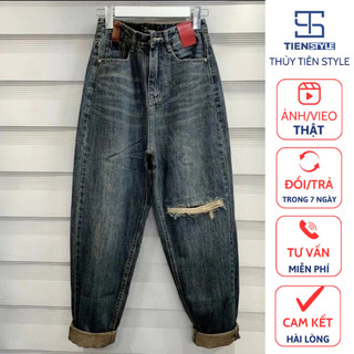 Quần baggy nữ, quần jean baggy trơn rách cào - quần bò ống côn mạc túi nắp