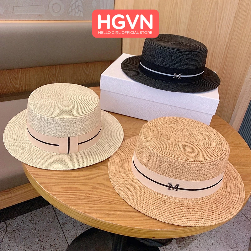 Mũ cói rơm tag chữ M màu trắng be nâu thanh lịch mùa hè HGVN Nón cói phong cách Pháp chống nắng ngăn tia UV dành cho nữ