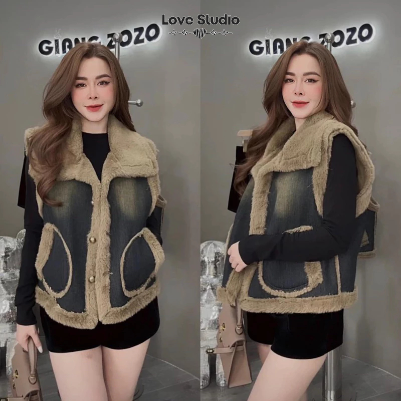 Áo Gile JEAN nữ lót lông xịn dày ấm mùa thu đông denim vải bò phối khoác ngoài y2k ulzzang retro hàn quốc AK31