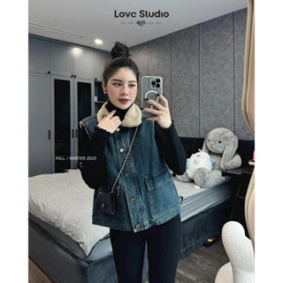 Áo khoác jean nữ gile bò lót lông cổ bẻ cài khuy có túi denim AK30