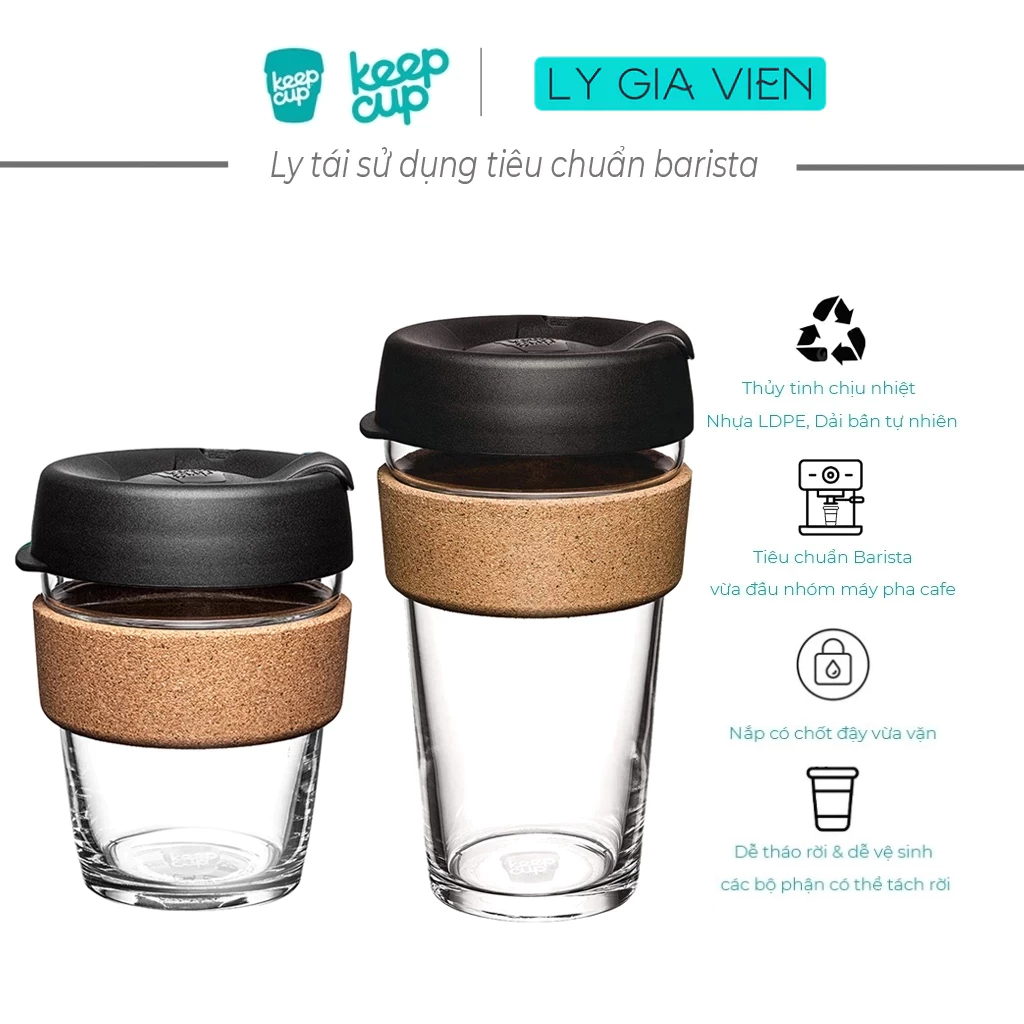 Ly thủy tinh KeepCup Cork BLACK Glass Reusable Cup