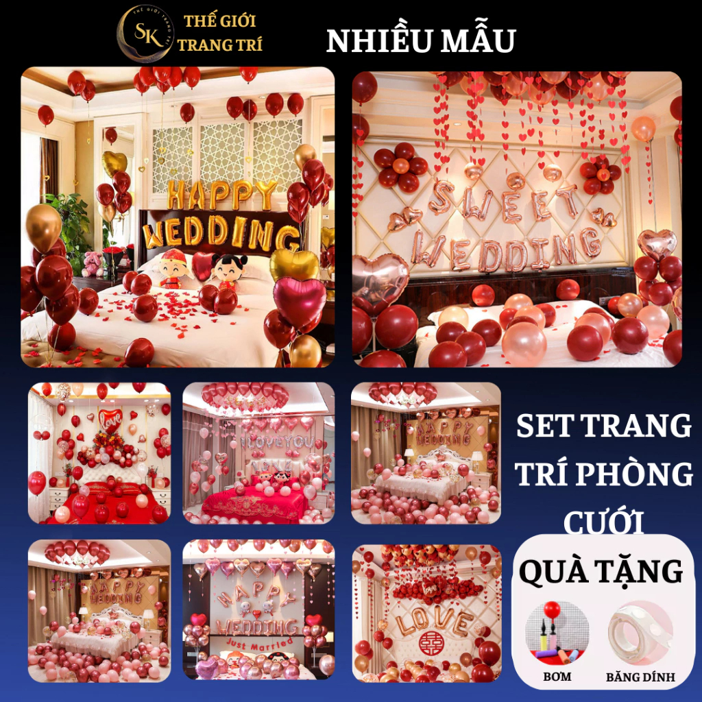 Set trang trí phòng cưới bằng bóng bay tông đỏ hồng trắng xanh