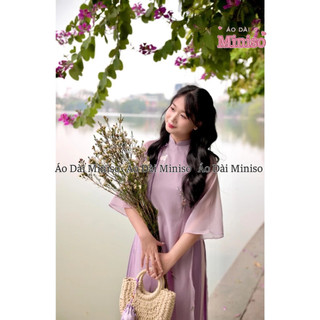 Áo dài tơ thêu màu tím cà MINISO