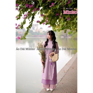 Áo dài tơ thêu màu tím cà MINISO