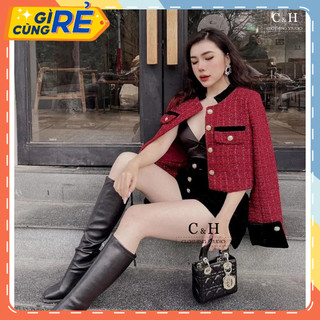 Áo khoác dạ đỏ đen nữ cá tính Áo tweed caro viền nhung mặc Thu Đông C&H Clothing