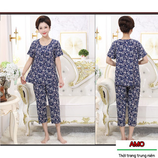 ĐỒ MẶC NHÀ NỮ TRUNG NIÊN, quần  lửng tay ngắn, phi lụa siêu mát, trăng tròn