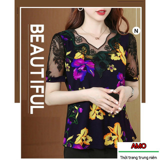 Áo sơ mi cộc tay trung niên, ren lưới cộc tay mẹ ms 475