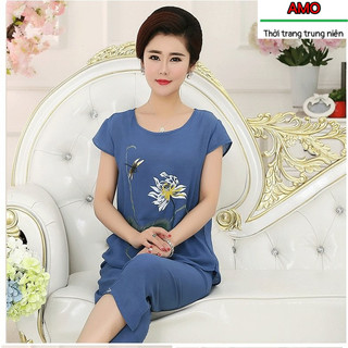 AMO- Bộ quần áo mặc nhà cho mẹ, bộ đũi hoa sen ( hen)