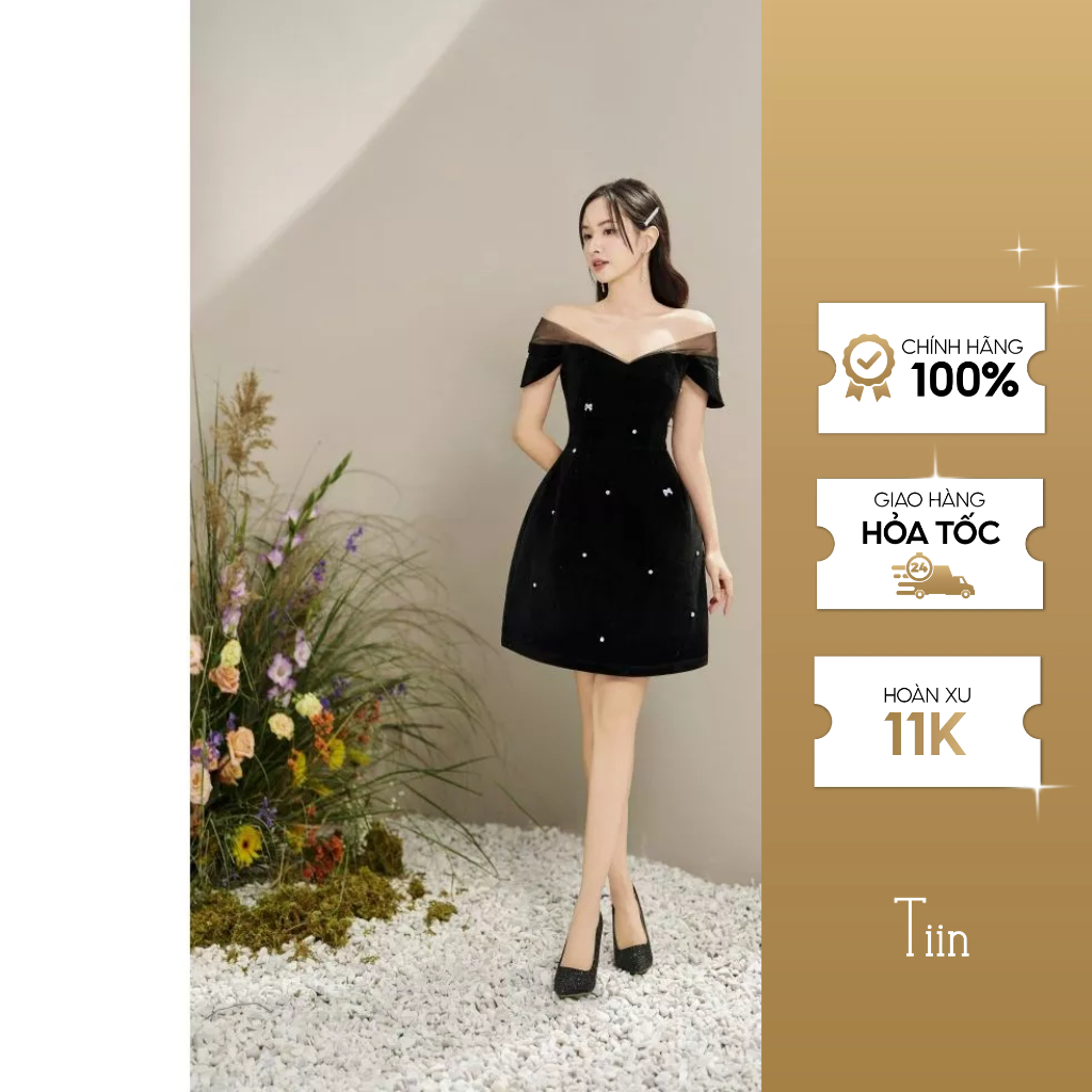 Váy cúp phối lưới tay chờm đính đá TIINSTORE VDN1045